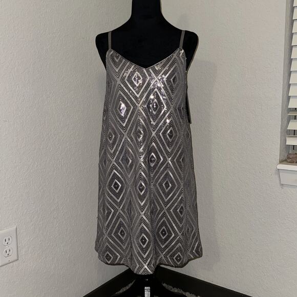 As You Wish Sequin Mini Dress Women Large Silver Spaghetti Straps Bachelorette - Picture 1 of 8